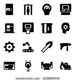 Solid vector icon set - coffee machine vector, metal detector gate, mri, atm, brain work, gear, conveyor, tile drill, generator, winch, sharpening, excavator toy