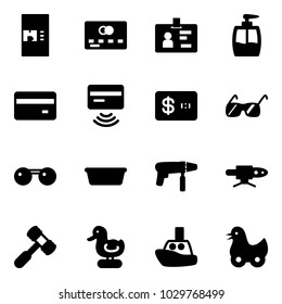 Solid vector icon set - coffee machine vector, credit card, identity, liquid soap, tap pay, sunglasses, basin, drill, pipe welding, toy hammer, duck, boat