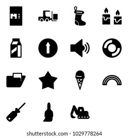 Solid vector icon set - coffee machine vector, fork loader, christmas sock, candle, milk, only forward road sign, volume medium, lifebuoy, folder, star medal, ice cream, rainbow, screwdriver, brush