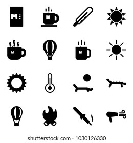 Solid vector icon set - coffee machine vector, tea, thermometer, sun, hot, air balloon, green, lounger, fire, soldering iron, dryer