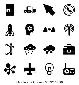 Solid vector icon set - coffee machine vector, fork loader, cursor, phone horn, rocket, brain work, information exchange, antenna, bezier, snow, cloud data, case, molecule, milling cutter, bulb
