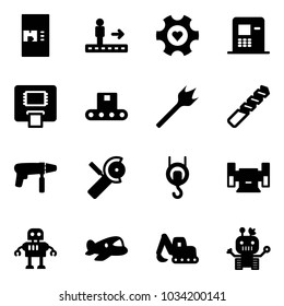 Solid vector icon set - coffee machine vector, travolator, heart gear, atm, conveyor, wood drill, Angular grinder, winch, sharpening, robot, plane toy, excavator