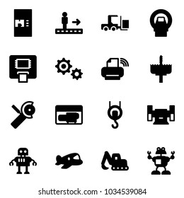 Solid vector icon set - coffee machine vector, travolator, fork loader, mri, atm, gear, printer wireless, crown drill, Angular grinder, generator, winch, sharpening, robot, plane toy, excavator