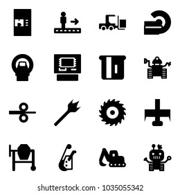 Solid vector icon set - coffee machine vector, travolator, fork loader, mri, atm, robot, steel rolling, wood drill, saw disk, milling cutter, cocncrete mixer, winch, excavator toy