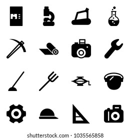 Solid vector icon set - coffee machine vector, lab, treadmill, round flask, job, mat, camera, wrench, hoe, farm fork, jack, protect glass, gear, construction helmet, corner ruler