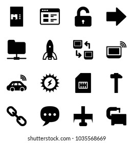 Solid vector icon set - coffee machine vector, website, unlocked, right arrow, network folder, rocket, data exchange, notebook wi fi, car wireless, sun power, sim, hammer, link, chat, milling cutter