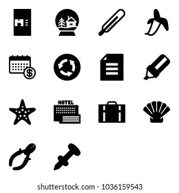 Solid vector icon set - coffee machine vector, snowball house, thermometer, banana, calendar, circle road sign, document, highlight marker, starfish, sea hotel, suitcase, shell, side cutters