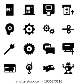 Solid vector icon set - coffee machine vector, atm, brain work, gear, steel rolling, wood drill, saw disk, tool, jig, generator, winch, plane toy, robot