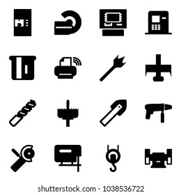 Solid vector icon set - coffee machine vector, mri, atm, printer wireless, wood drill, milling cutter, crown, tile, Angular grinder, jig saw, winch, sharpening