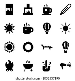 Solid vector icon set - coffee machine vector, fireplace, tea, thermometer, sun, hot, air balloon, lounger, fire, grill, casting of steel, dryer