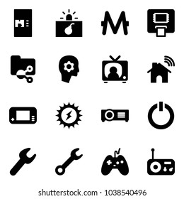 Solid vector icon set - coffee machine vector, terrorism, monero, atm, shared folder, brain work, tv news, wireless home, game console, sun power, projector, standby button, wrench, joystick, radio