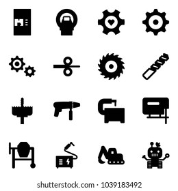 Solid vector icon set - coffee machine vector, mri, heart gear, steel rolling, saw disk, drill, crown, tool, jig, cocncrete mixer, welding, excavator toy, robot