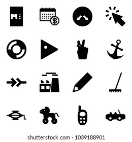Solid vector icon set - coffee machine vector, calendar, detour road sign, cursor, lifebuoy, play, victory, anchor, connect, plant, pencil, rake, jack, wheel horse, phone toy, car