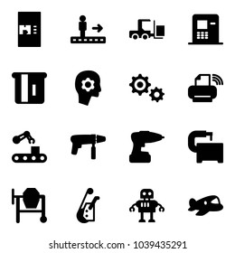 Solid vector icon set - coffee machine vector, travolator, fork loader, atm, brain work, gear, printer wireless, conveyor, drill, tool, cocncrete mixer, winch, robot, plane toy