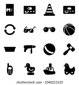 Solid vector icon set - coffee machine vector, credit card, road cone, refresh, sunglasses, ball, basin, drill, toy hammer, phone, duck, boat