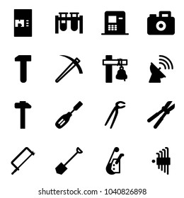 Solid vector icon set - coffee machine vector, vial, atm, camera, work, job, ship bell, satellite antenna, hammer, chisel, plumber, bolt cutter, metal hacksaw, shovel, winch, allen key set