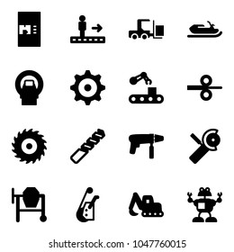 Solid vector icon set - coffee machine vector, travolator, fork loader, snowmobile, mri, gear, conveyor, steel rolling, saw disk, drill, Angular grinder, cocncrete mixer, winch, excavator toy, robot