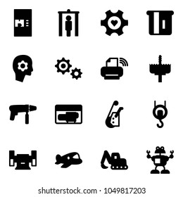 Solid vector icon set - coffee machine vector, metal detector gate, heart gear, atm, brain work, printer wireless, crown drill, generator, winch, sharpening, plane toy, excavator, robot