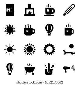 Solid vector icon set - coffee machine vector, fireplace, tea, thermometer, sun, hot, air balloon, green, lounger, grill, casting of steel, dryer