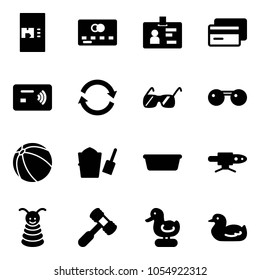 Solid vector icon set - coffee machine vector, credit card, identity, tap pay, refresh, sunglasses, ball, bucket scoop, basin, pipe welding, pyramid toy, hammer, duck