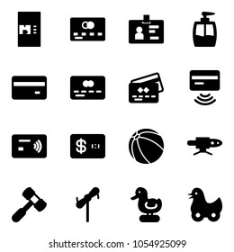 Solid vector icon set - coffee machine vector, credit card, identity, liquid soap, tap pay, ball, pipe welding, toy hammer, windmill, duck