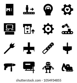 Solid vector icon set - coffee machine vector, travolator, mri, heart gear, atm, conveyor, wood drill, milling cutter, crown, jig saw, robot, excavator toy