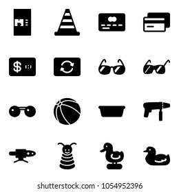 Solid vector icon set - coffee machine vector, road cone, credit card, exchange, sunglasses, ball, basin, drill, pipe welding, pyramid toy, duck