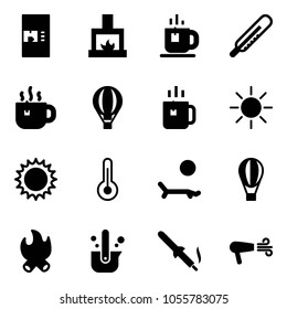 Solid vector icon set - coffee machine vector, fireplace, tea, thermometer, hot, air balloon, green, sun, lounger, fire, casting of steel, soldering iron, dryer