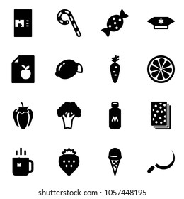 Solid vector icon set - coffee machine vector, lollipop, candy, diet list, lemon, carrot, slice, sweet pepper, broccoli, milk, breads, green tea, strawberry, ice cream, sickle