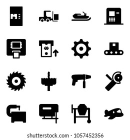 Solid vector icon set - coffee machine vector, fork loader, snowmobile, atm, gear, conveyor, saw disk, crown drill, Angular grinder, tool, jig, cocncrete mixer, plane toy