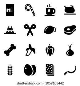 Solid vector icon set - coffee machine vector, lollipop, tea, turkey, cake, santa stick, lemon, meat, broken bone, banana, sweet pepper, onion, spica, eggs, breads, sickle