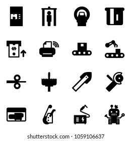Solid vector icon set - coffee machine vector, metal detector gate, mri, atm, printer wireless, conveyor, steel rolling, crown drill, tile, Angular grinder, generator, winch, welding, robot
