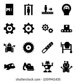 Solid Vector Icon Set - Coffee Machine Vector, Metal Detector Gate, Travolator, Mri, Heart Gear, Conveyor, Robot, Saw Disk, Drill, Cocncrete Mixer, Plane Toy, Excavator