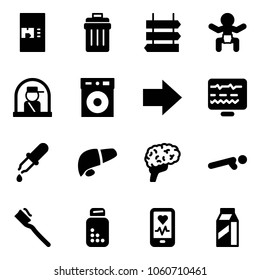 Solid vector icon set - coffee machine vector, trash bin, sign post, baby, officer window, right arrow, diagnostic monitor, pipette, liver, brain, push ups, tooth brush, pills bottle, mobile heart