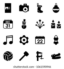 Solid vector icon set - coffee machine vector, camera, christmas sock, ball, 31 dec calendar, snowman, firework, candle, music, gear, swimsuit, volleyball, rubber hammer, clamp, crocodile