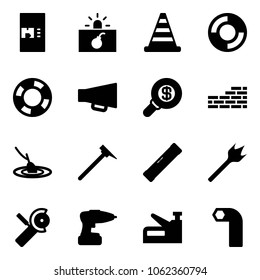 Solid vector icon set - coffee machine vector, terrorism, road cone, lifebuoy, loudspeaker, search money, brick wall, fishing, mason hammer, level, wood drill, Angular grinder, stapler, allen key