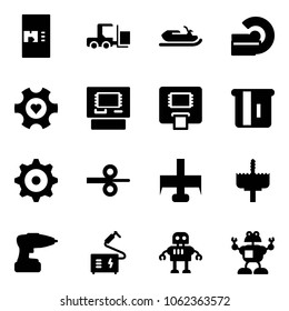 Solid vector icon set - coffee machine vector, fork loader, snowmobile, mri, heart gear, atm, steel rolling, milling cutter, crown drill, welding, robot
