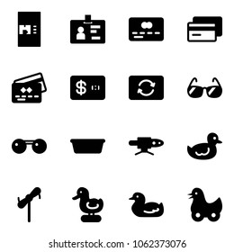 Solid vector icon set - coffee machine vector, identity, credit card, exchange, sunglasses, basin, pipe welding, duck toy, windmill
