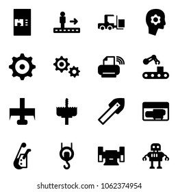 Solid vector icon set - coffee machine vector, travolator, fork loader, brain work, gear, printer wireless, conveyor, milling cutter, crown drill, tile, generator, winch, sharpening, robot