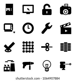 Solid vector icon set - coffee machine vector, monitor cursor, unlocked, camera, monoblock pc, clock, wrench, movie flap, check, circuit, steel rolling, carbon, plant, drill, bulb, laser lever