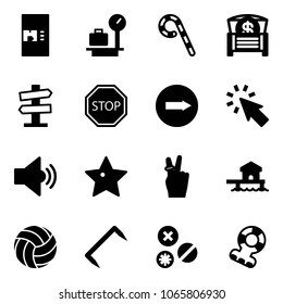 Solid vector icon set - coffee machine vector, baggage scales, lollipop, money chest, road signpost sign, stop, only right, cursor, volume medium, star, victory, bungalow, volleyball, staple, rivet