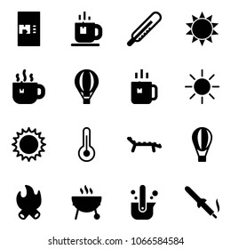 Solid vector icon set - coffee machine vector, tea, thermometer, sun, hot, air balloon, green, lounger, fire, grill, casting of steel, soldering iron