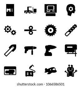 Solid vector icon set - coffee machine vector, fork loader, atm, brain work, gear, steel rolling, saw disk, drill, tile, jig, generator, welding, plane toy, robot