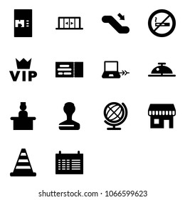 Solid vector icon set - coffee machine vector, automatic doors, escalator down, no smoking sign, vip, ticket, notebook connect, client bell, recieptionist, stamp, globe, duty free, road cone