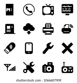 Solid vector icon set - coffee machine vector, phone, tv, diagnostic monitor, atm, download cloud, printer, wireless, usb wi fi, mobile, wrench, delete, fine signal, screwdriver, camera, radio