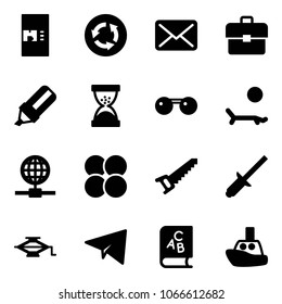 Solid vector icon set - coffee machine vector, circle road sign, mail, portfolio, highlight marker, sand clock, sunglasses, lounger, globe, atom core, saw, clinch, jack, paper plane, abc book