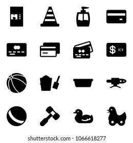 Solid vector icon set - coffee machine vector, road cone, liquid soap, credit card, ball, bucket scoop, basin, pipe welding, toy hammer, duck