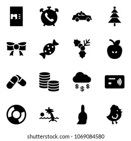 Solid vector icon set - coffee machine vector, phone alarm, safety car, christmas tree, bow, candy, holly, apple, pills, coin, money rain, tap pay, circle chart, palm, brush, chicken toy