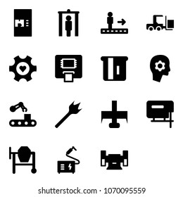 Solid vector icon set - coffee machine vector, metal detector gate, travolator, fork loader, heart gear, atm, brain work, conveyor, wood drill, milling cutter, jig saw, cocncrete mixer, welding