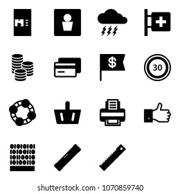 Solid vector icon set - coffee machine vector, male wc, storm, first aid room, coin, credit card, dollar flag, speed limit 30 road sign, friends, basket, printer, finger up, binary code, level